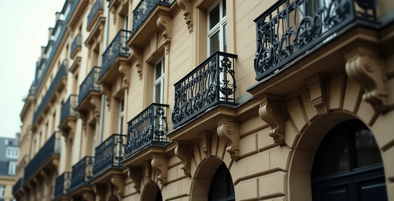 Détail d’une façade haussmannienne à Paris avec escalier de copropriété