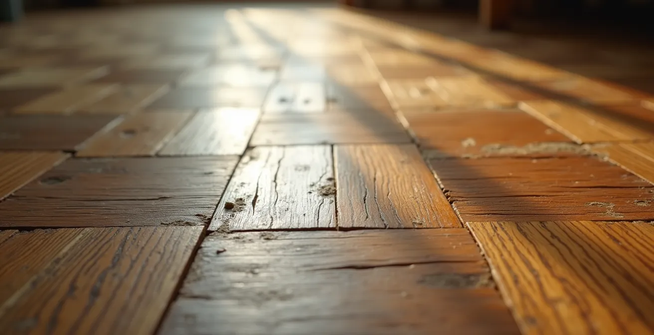 Gros plan sur parquet en point de Hongrie dans un appartement avec plancher légèrement incliné