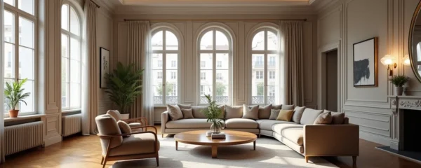 Vue d'intérieur d'un appartement haussmannien parisien rénové avec moulures, parquet en point de Hongrie et grande hauteur sous plafond