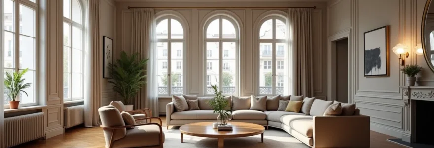 Vue d'intérieur d'un appartement haussmannien parisien rénové avec moulures, parquet en point de Hongrie et grande hauteur sous plafond