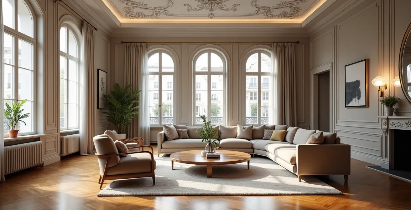 Vue d'intérieur d'un appartement haussmannien parisien rénové avec moulures, parquet en point de Hongrie et grande hauteur sous plafond