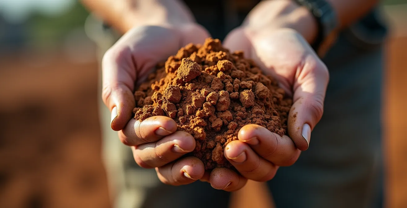 Expert géotechnique analysant un échantillon de sol argileux sur un chantier