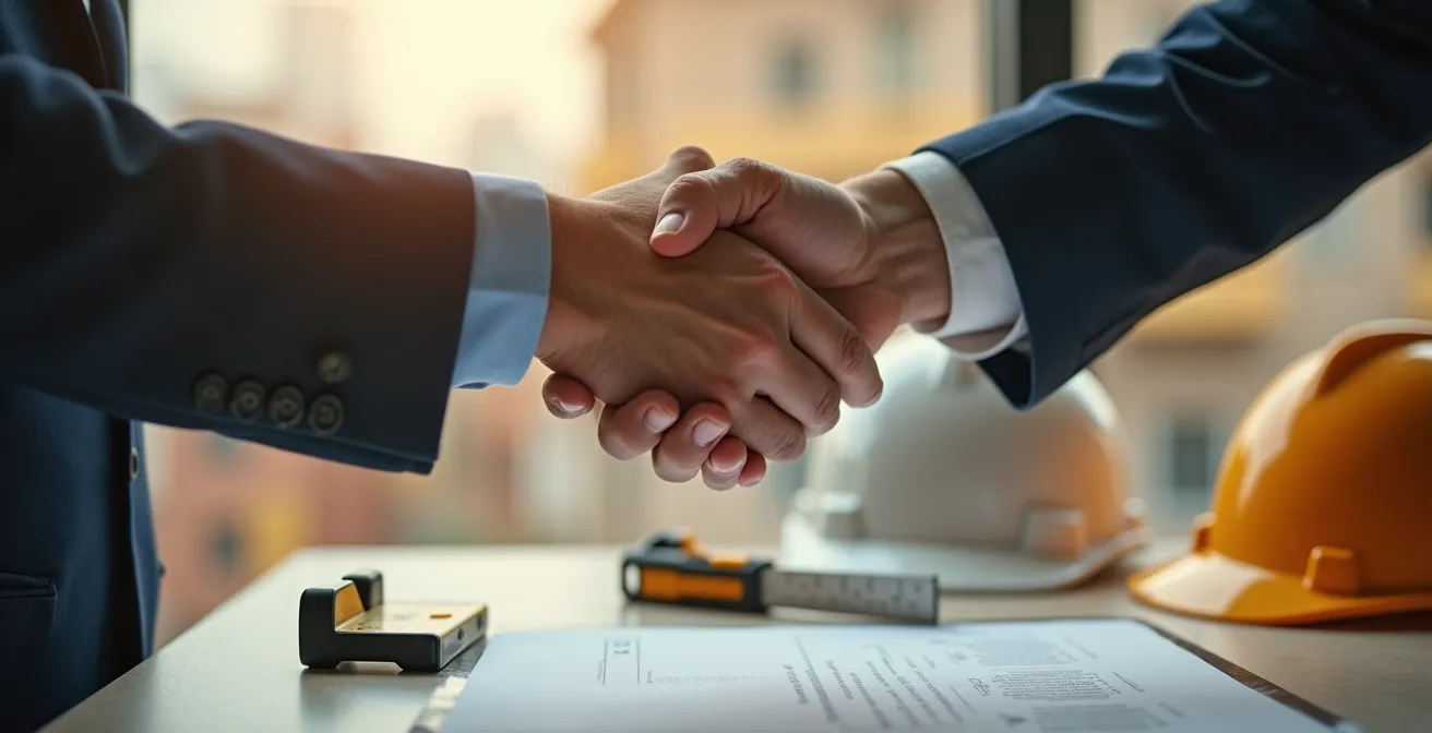Poignée de main professionnelle lors de la signature d'un contrat de construction