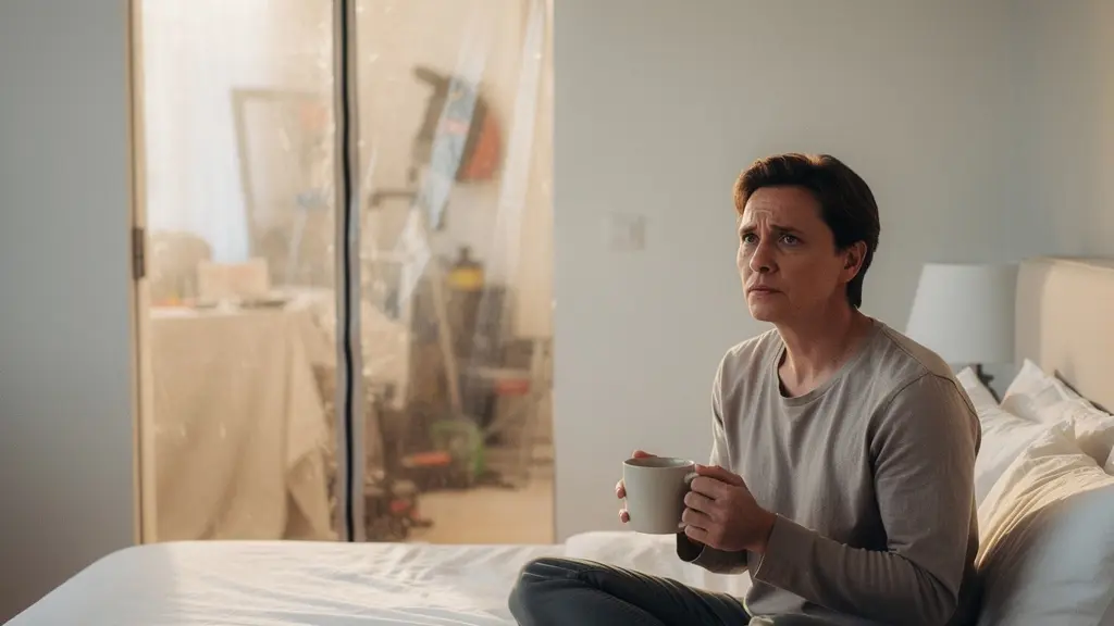 Personne dans une chambre propre servant de base de vie pendant des travaux, avec une séparation plastique anti-poussière à l’entrée de la pièce.