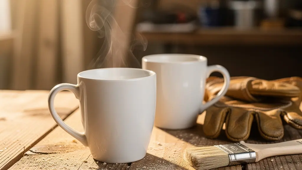 Gros plan sur deux tasses de café posées sur un établi de chantier en bois brut, baignées de lumière matinale dorée