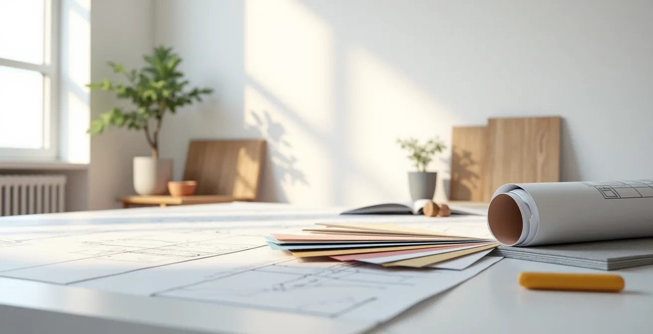 Plans techniques annotés et échantillons de matériaux pour un CCTP de construction