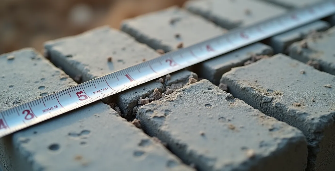 Gros plan sur un mur en parpaings avec cordeau traceur et joints visibles