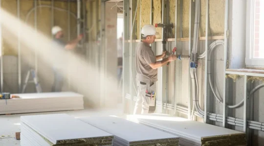 Vue d'un chantier en second œuvre avec plusieurs artisans coordonnés travaillant sur différents corps de métier