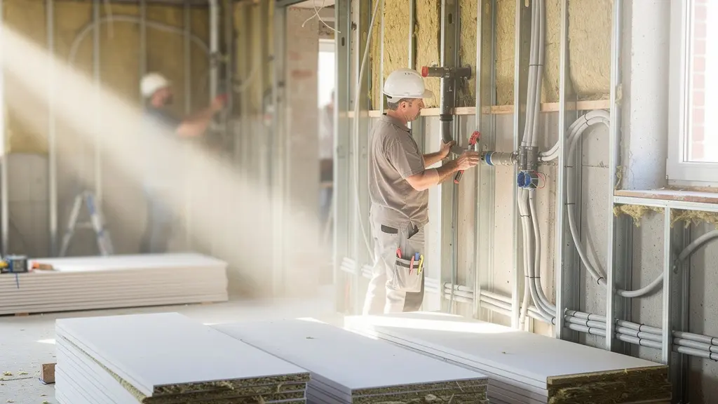 Vue d'un chantier en second œuvre avec plusieurs artisans coordonnés travaillant sur différents corps de métier