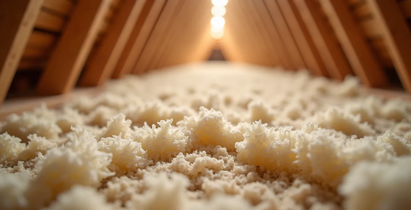 Gros plan macro sur la texture fibreuse de la laine de chanvre en vrac épandue dans des combles