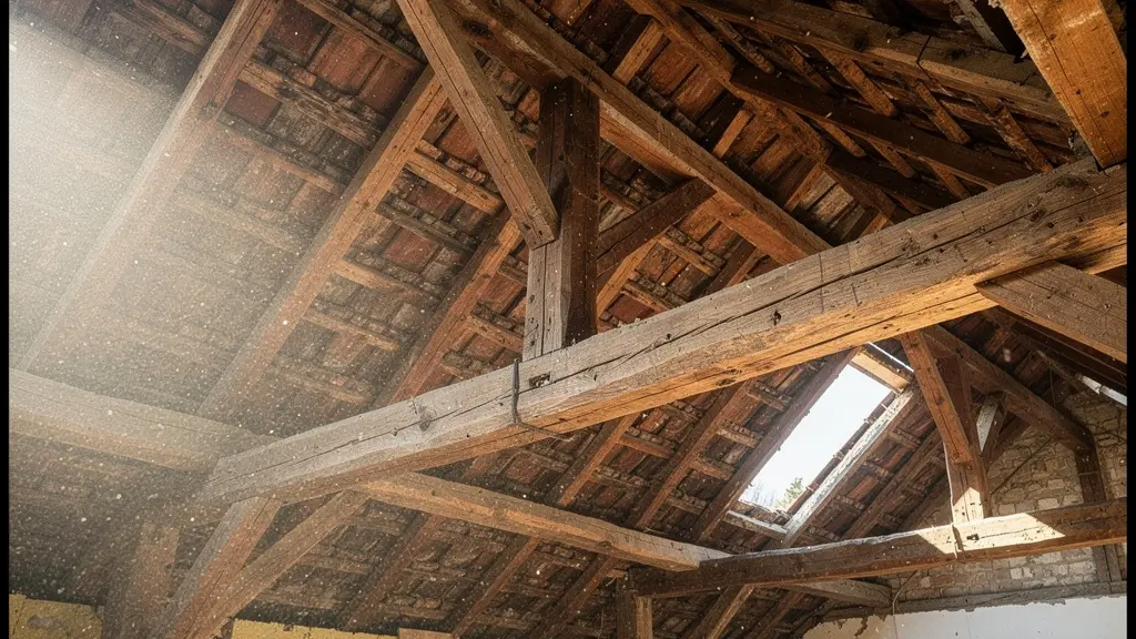 Charpente traditionnelle en bois exposée lors de travaux de rénovation
