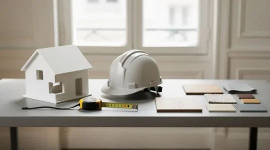 Établi de rénovation avec échantillons de matériaux et outils neutres, suggérant le choix entre architecte, maître d’œuvre et décorateur, dans une scène réaliste et lumineuse.