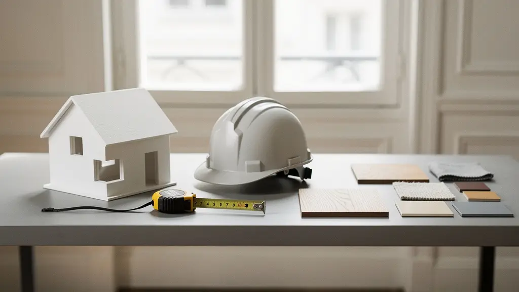 Établi de rénovation avec échantillons de matériaux et outils neutres, suggérant le choix entre architecte, maître d’œuvre et décorateur, dans une scène réaliste et lumineuse.