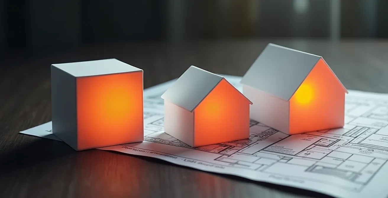 Vue aérienne comparative de trois maisons de même surface avec différentes formes architecturales