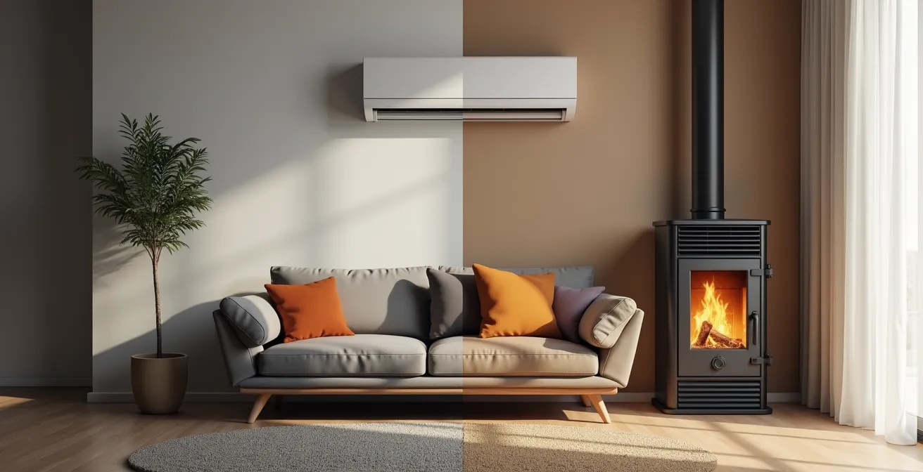 Salon moderne avec pompe à chaleur murale d'un côté et poêle à granulés de l'autre