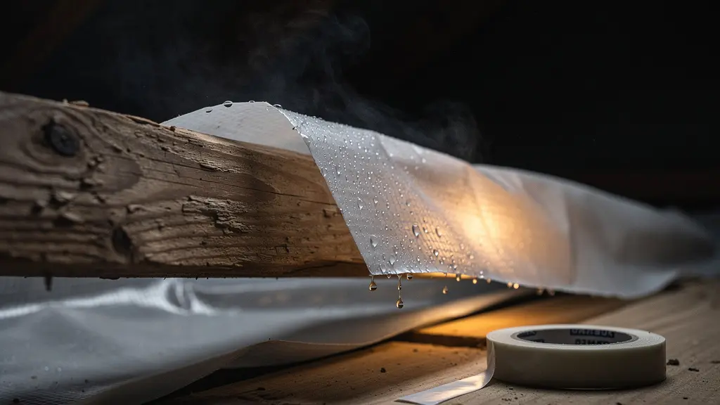 Détail d'une charpente en bois avec une membrane pare-vapeur mal raccordée et de la condensation visible, illustrant un risque d'humidité piégée.