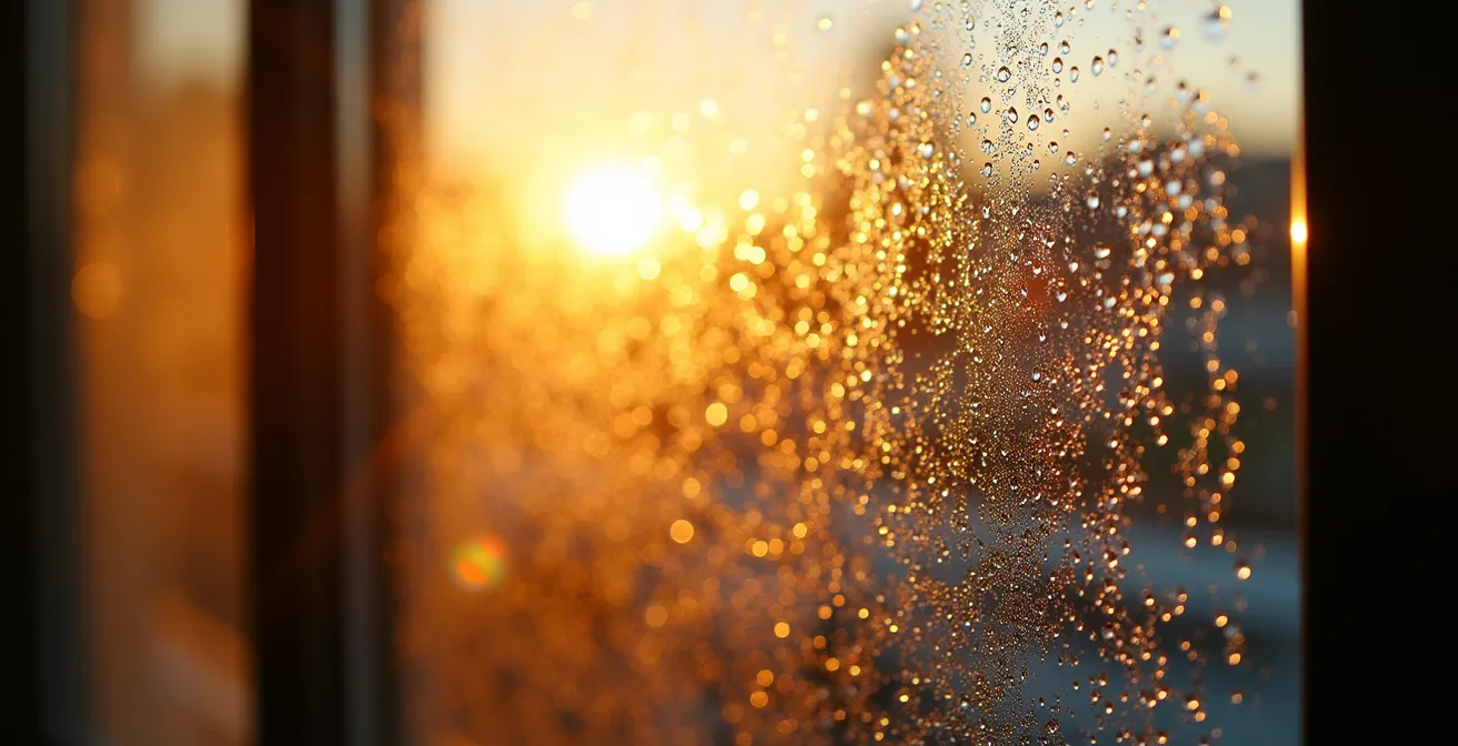Buée matinale sur la surface extérieure d'un triple vitrage, preuve de sa haute performance isolante.