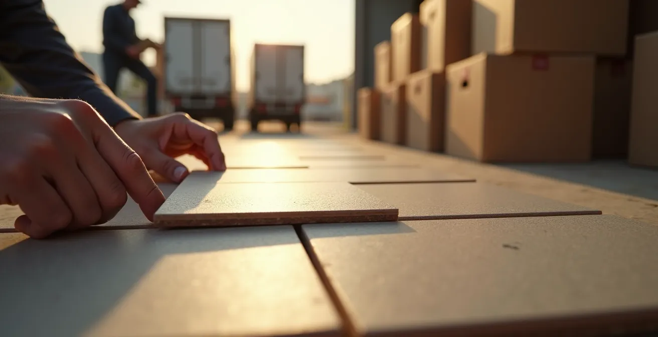 Inspection professionnelle d'une palette de carrelage avec technique du sondage par quadrant