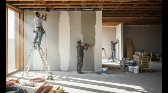 Vue d'ensemble d'un chantier de rénovation avec trois artisans travaillant en coordination harmonieuse