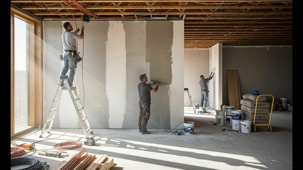 Vue d'ensemble d'un chantier de rénovation avec trois artisans travaillant en coordination harmonieuse