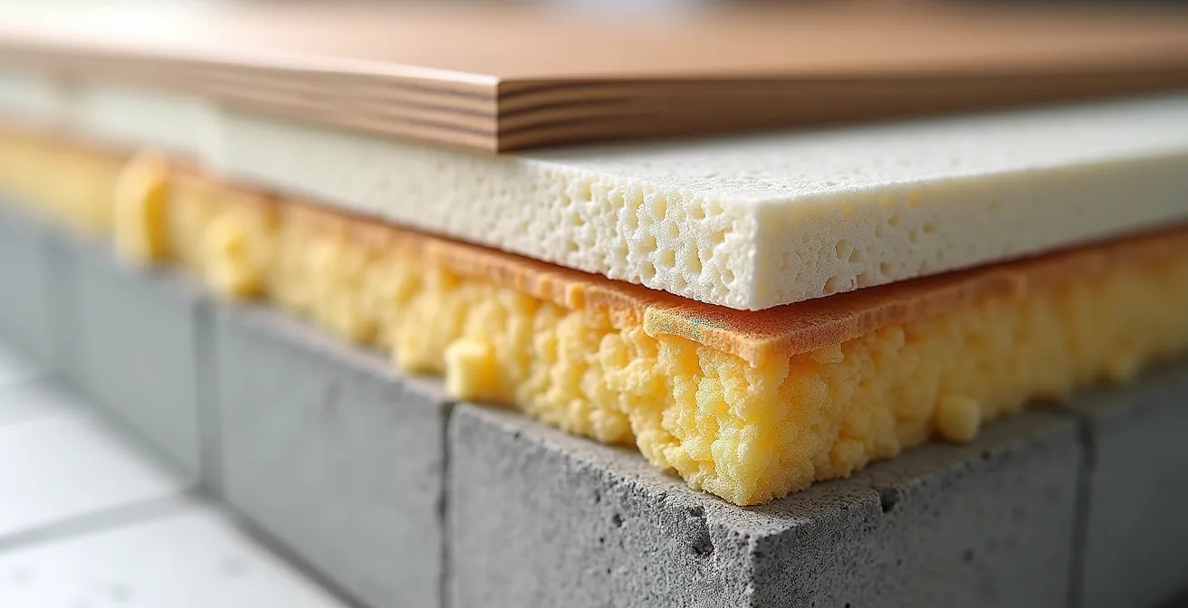 Coupe technique montrant les différentes couches d'isolation et de revêtement au sol d'un sous-sol aménagé