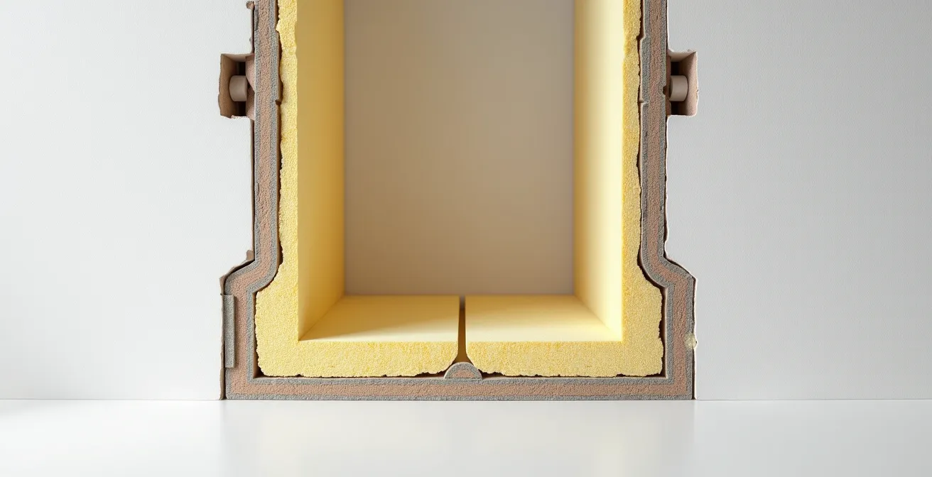 Schéma technique montrant l'affaissement progressif de la laine de verre dans un mur après quelques années