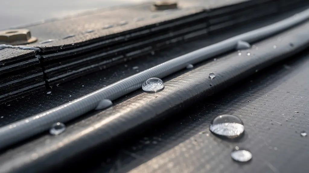 Gros plan très détaillé d’une jonction de membrane d’étanchéité sur toiture, montrant textures, fixations et matériaux sans aucun texte ni logo.