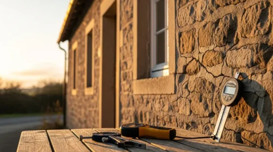 Maison ancienne avec traces d'humidité et fissures visibles sur façade en pierre
