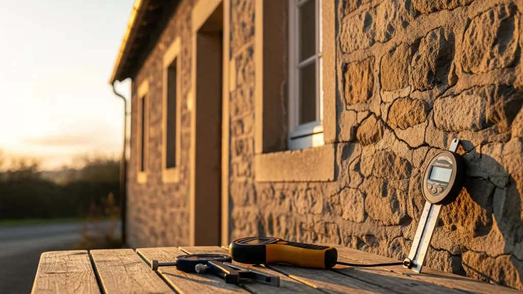 Maison ancienne avec traces d'humidité et fissures visibles sur façade en pierre