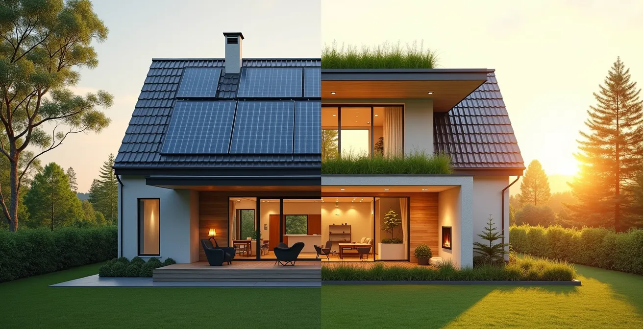 Maison moderne avec panneaux solaires et isolation visible, illustrant la valeur ajoutée par une bonne performance énergétique.