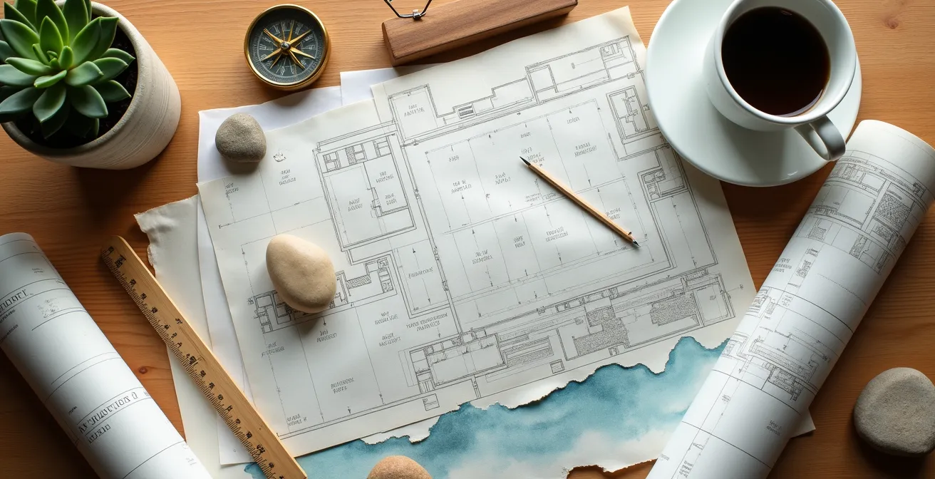 Bureau avec documents administratifs et plans pour déclaration préalable de travaux