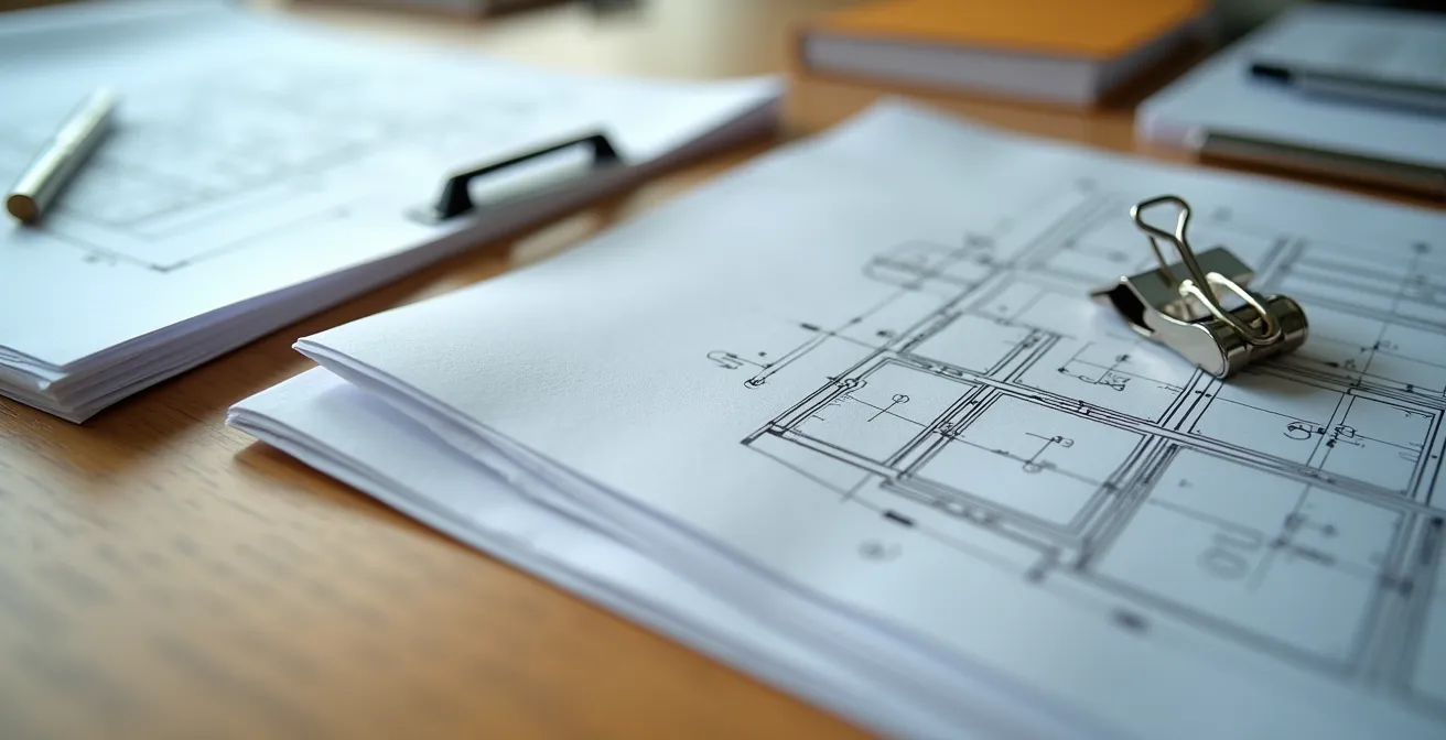 Bureau organisé avec documents de construction et plans architecturaux pour assurance DO