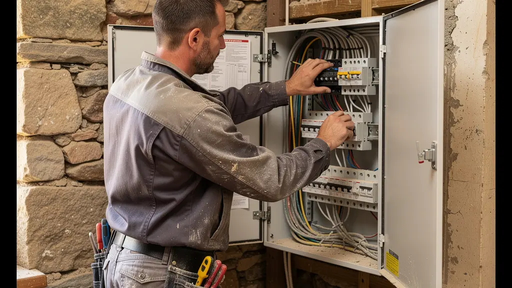 Électricien travaillant sur un tableau électrique lors de rénovation de maison ancienne