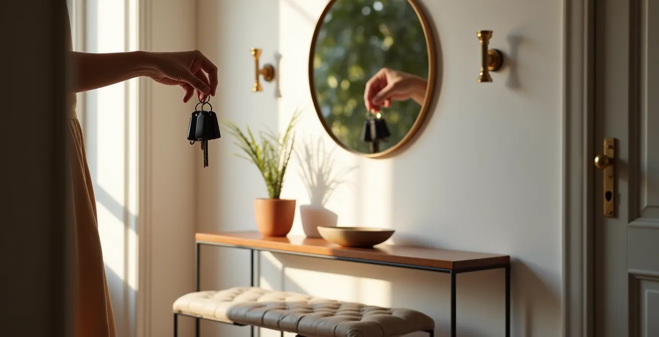 Entrée lumineuse avec console, miroir et éléments décoratifs naturels