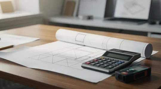 Bureau d'un expert en bâtiment avec des plans de rénovation, une calculatrice et des outils de mesure, éclairé par une lumière naturelle douce, sans texte visible.