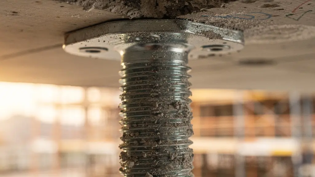 Gros plan sur des etais metalliques temporaires soutenant un plancher lors d'un chantier d'ouverture de mur porteur dans un immeuble ancien