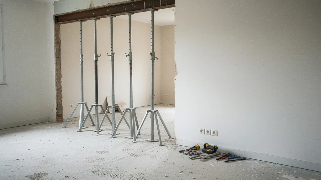 Pièce en rénovation avec étais métalliques soutenant la structure autour d’une future ouverture de mur porteur, avec espace vide pour mise en page.