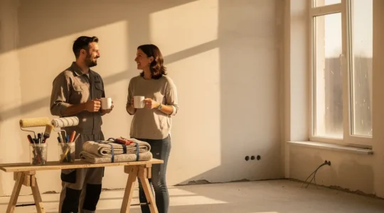 Un artisan et un particulier partagent un moment convivial autour d'un café sur un chantier de rénovation baigné de lumière matinale
