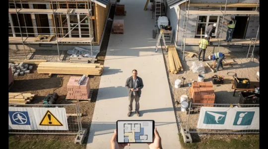 Vue aérienne d'une personne consultant des plans de rénovation avec tablette numérique entre deux bâtiments en chantier