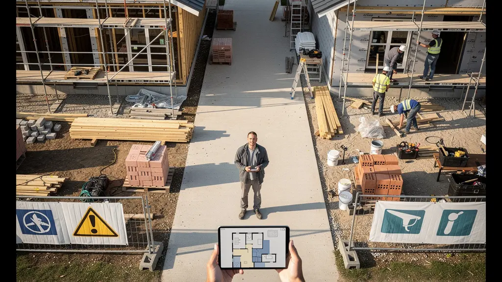Vue aérienne d'une personne consultant des plans de rénovation avec tablette numérique entre deux bâtiments en chantier