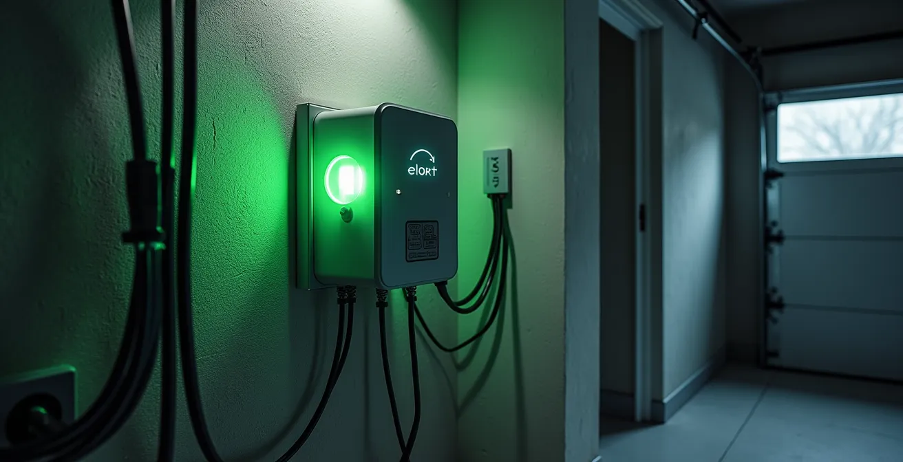 Vue d'angle d'un tableau électrique secondaire dans un garage avec installation pour véhicule électrique