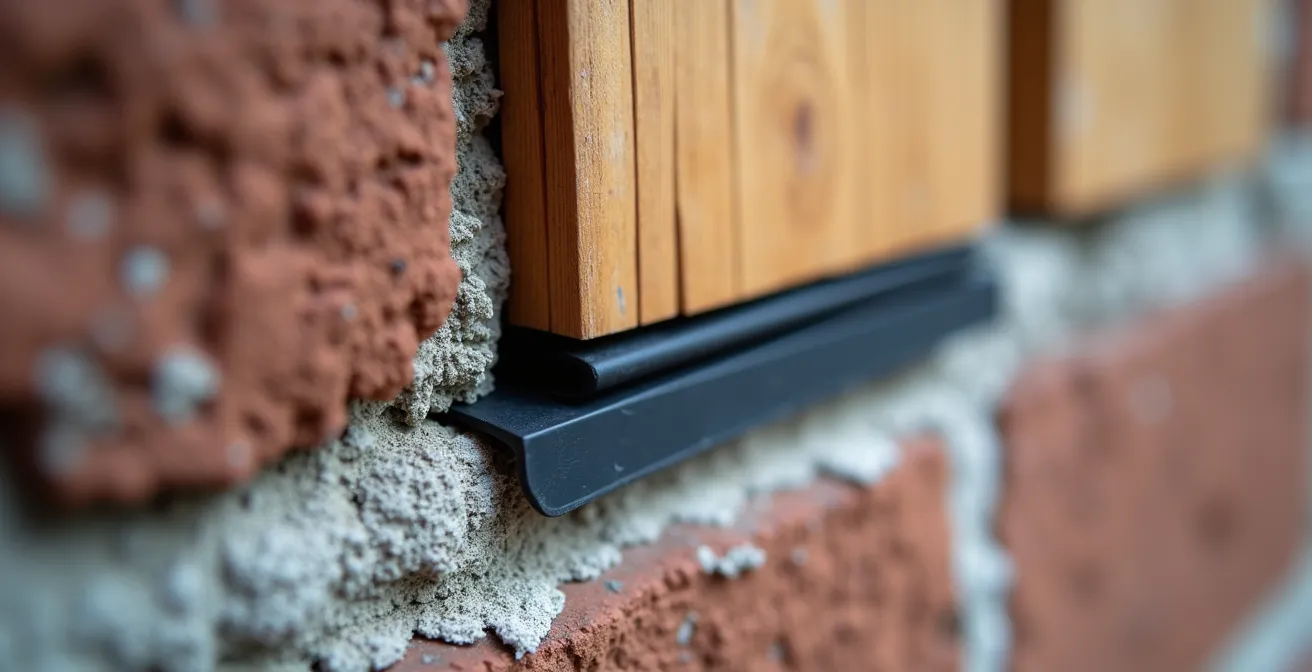 Vue macro du joint de dilatation entre mur ancien et extension neuve