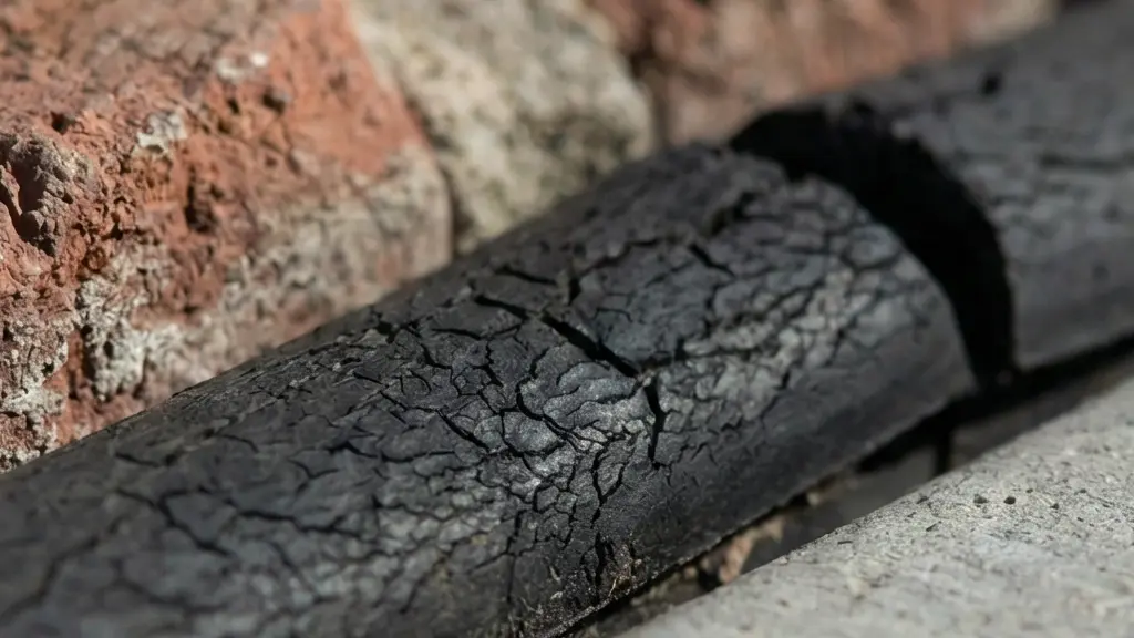 Joint de dilatation bien visible entre le mur en briques d'une maison ancienne et le mur en béton d'une extension moderne.