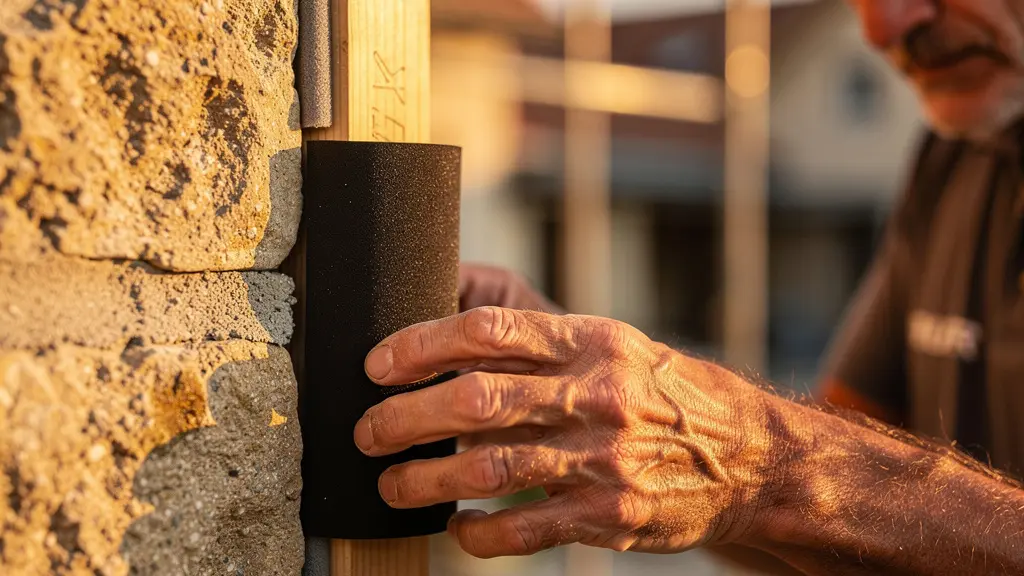 Détail d'un joint de dilatation entre une extension neuve et un mur ancien en pierre, montrant les systèmes de liaison souple