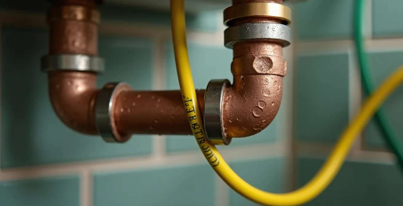 Détail macro d'une liaison équipotentielle dans une salle de bain