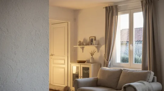 Salon chaleureux d’une maison des annees 1990 en hiver, avec une fenetre montrant un jardin froid a l’exterieur et un espace libre pour le titre.