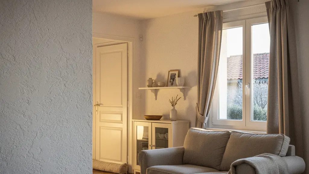 Salon chaleureux d’une maison des annees 1990 en hiver, avec une fenetre montrant un jardin froid a l’exterieur et un espace libre pour le titre.