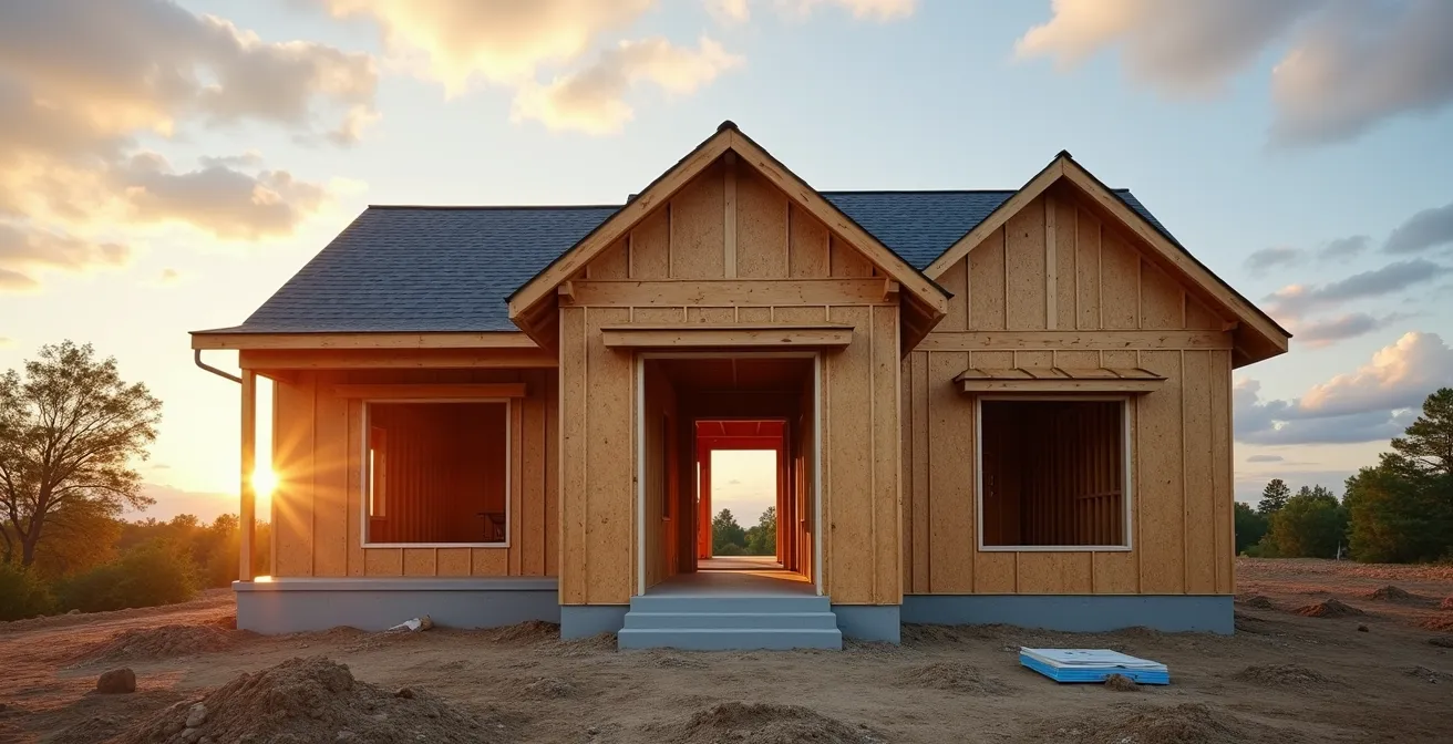 Maison en construction au stade hors d'eau hors d'air avec toiture et menuiseries posées