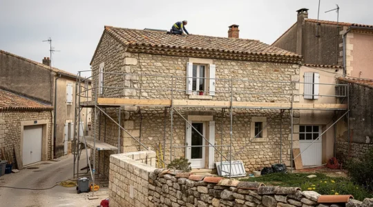 Maison ancienne en pierre du sud de la France avec échafaudage de rénovation