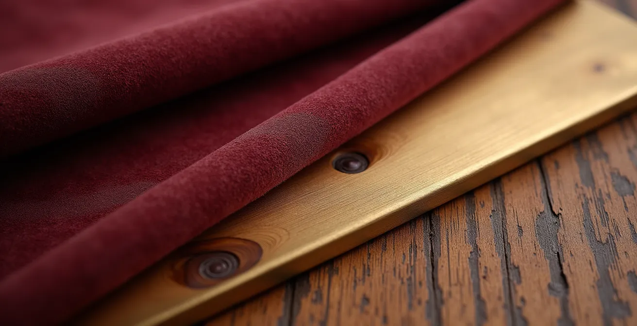 Composition harmonieuse de textures mélangées avec velours, bois et métal dans un intérieur moderne